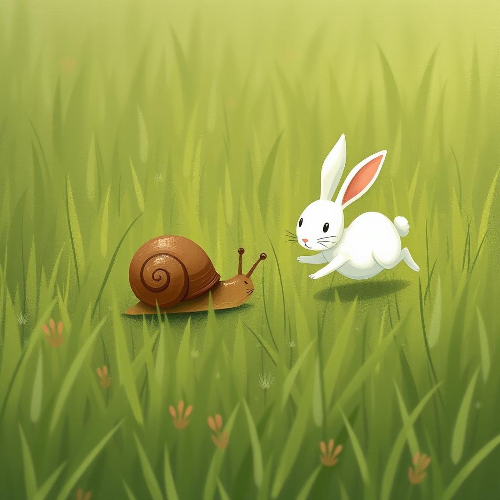 On a grassy meadow, a small snail with a brown shell is crawling among the grass