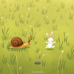 On a grassy meadow, a small snail with a brown shell is crawling among the grass