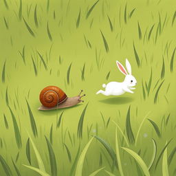 On a grassy meadow, a small snail with a brown shell is crawling among the grass