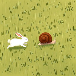 On a grassy meadow, a small snail with a brown shell is crawling among the grass