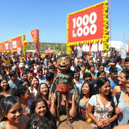 A vibrant outdoor scene featuring a large crowd of 1000 diverse people gathered together, all smiling and enjoying a festive atmosphere