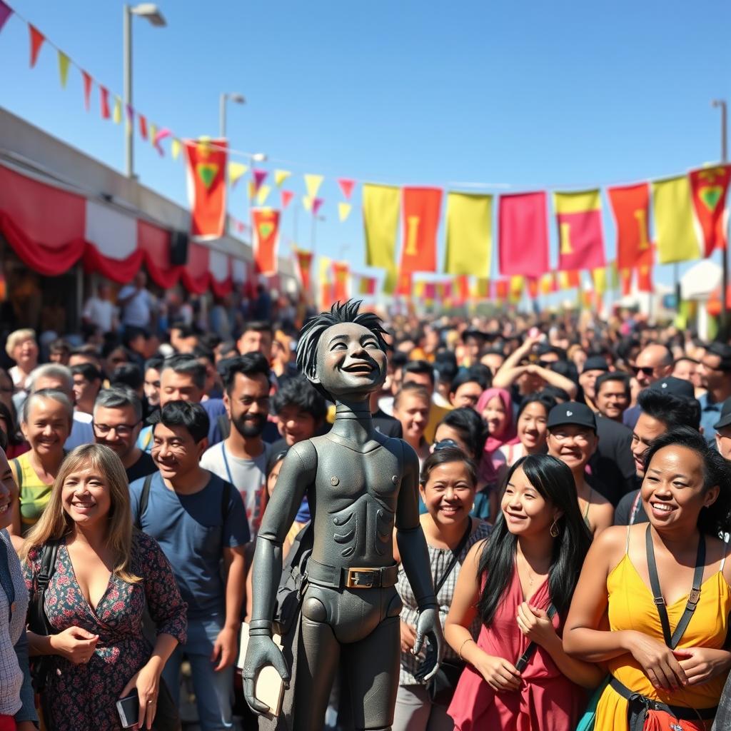 A vibrant outdoor scene featuring a large crowd of 1000 diverse people gathered together, all smiling and enjoying a festive atmosphere
