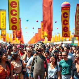 A vibrant outdoor scene featuring a large crowd of 1000 diverse people gathered together, all smiling and enjoying a festive atmosphere
