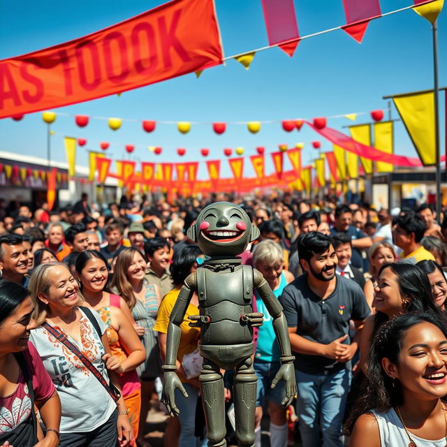 A vibrant outdoor scene featuring a large crowd of 1000 diverse people gathered together, all smiling and enjoying a festive atmosphere