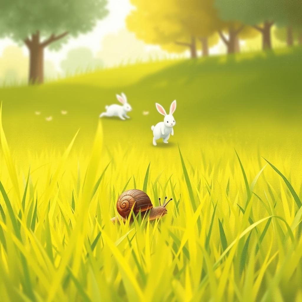 On a grassy field, a small snail with a brown shell is crawling among the vibrant green grass