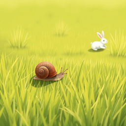 On a grassy field, a small snail with a brown shell is crawling among the vibrant green grass