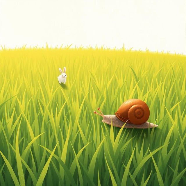 On a grassy field, a small snail with a brown shell is crawling among the vibrant green grass