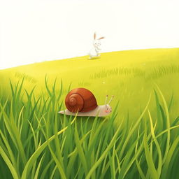 On a grassy field, a small snail with a brown shell is crawling among the vibrant green grass