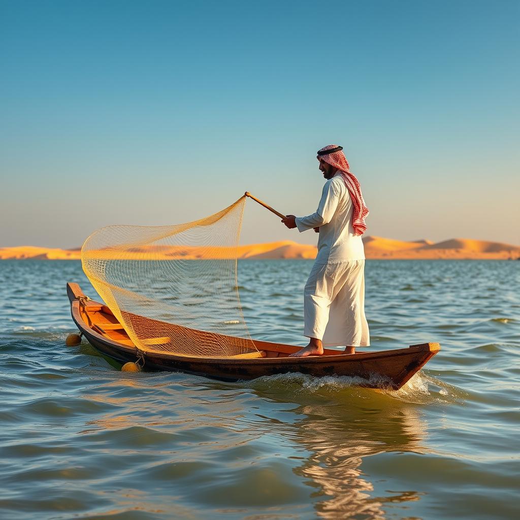 A picturesque scene of an Arabian fisherman standing on a traditional wooden boat in the serene waters of the Arabian Gulf