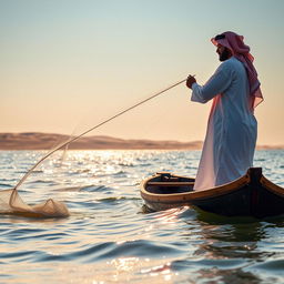 A picturesque scene of an Arabian fisherman standing on a traditional wooden boat in the serene waters of the Arabian Gulf