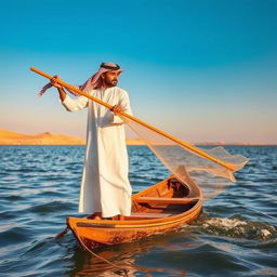 A picturesque scene of an Arabian fisherman standing on a traditional wooden boat in the serene waters of the Arabian Gulf