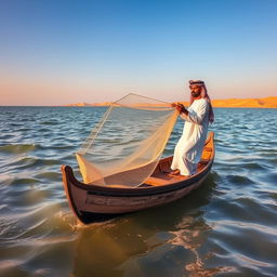 A picturesque scene of an Arabian fisherman standing on a traditional wooden boat in the serene waters of the Arabian Gulf