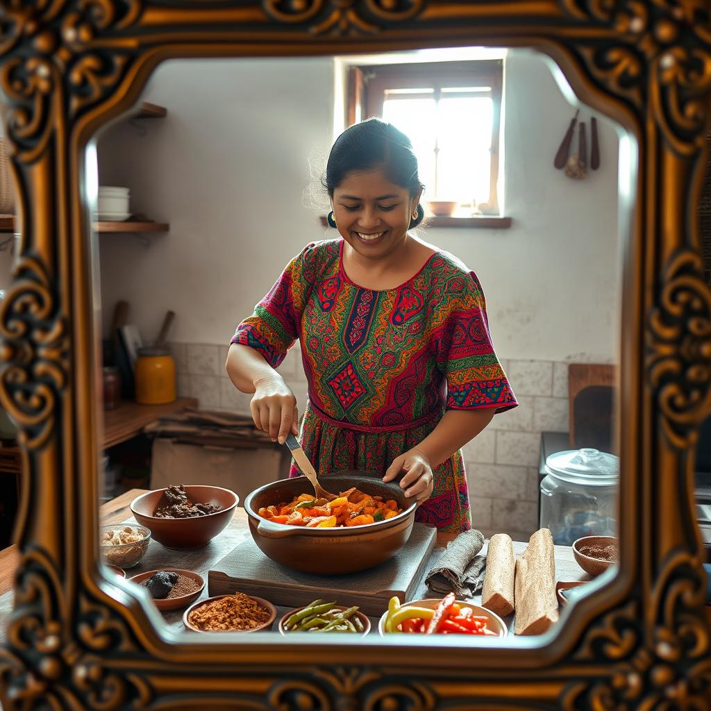 An Indonesian woman wearing a colorful traditional dress, joyfully cooking in a rustic kitchen