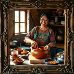 An Indonesian woman wearing a colorful traditional dress, joyfully cooking in a rustic kitchen