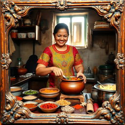 An Indonesian woman wearing a colorful traditional dress, joyfully cooking in a rustic kitchen