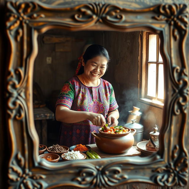 An Indonesian woman wearing a colorful traditional dress, joyfully cooking in a rustic kitchen