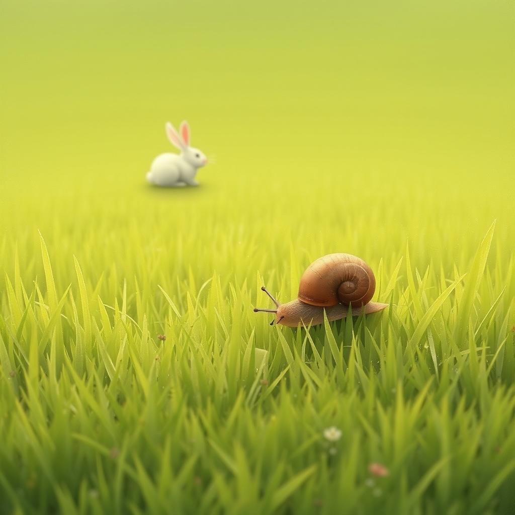 On a grassy field, a small snail with a brown shell is slowly crawling across the vibrant green grass