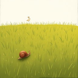 On a grassy field, a small snail with a brown shell is slowly crawling across the vibrant green grass