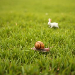 On a grassy field, a small snail with a brown shell is slowly crawling across the vibrant green grass