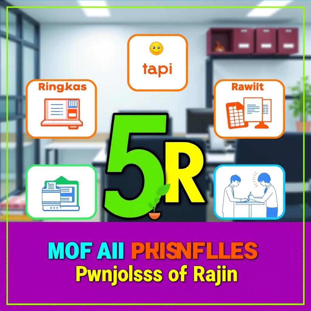 A motivational poster showcasing the principles of '5R' (Ringkas, Rapi, Resik, Rawat, and Rajin) with an aesthetic layout