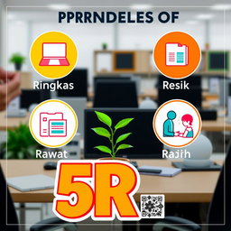 A motivational poster showcasing the principles of '5R' (Ringkas, Rapi, Resik, Rawat, and Rajin) with an aesthetic layout