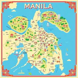 A detailed and colorful map showcasing the regions of Manila and Laguna in the Philippines