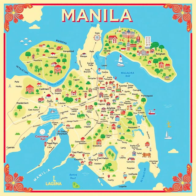 A detailed and colorful map showcasing the regions of Manila and Laguna in the Philippines