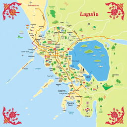 A detailed and colorful map showcasing the regions of Manila and Laguna in the Philippines