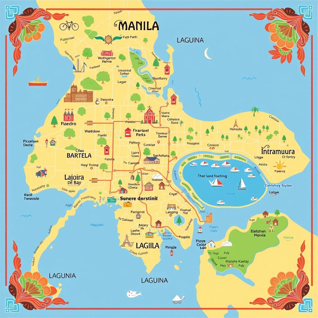 A detailed and colorful map showcasing the regions of Manila and Laguna in the Philippines