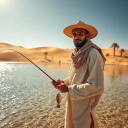 A captivating scene of a desert fisherman standing beside a shimmering oasis in a vast desert landscape