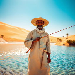 A captivating scene of a desert fisherman standing beside a shimmering oasis in a vast desert landscape