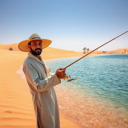 A captivating scene of a desert fisherman standing beside a shimmering oasis in a vast desert landscape