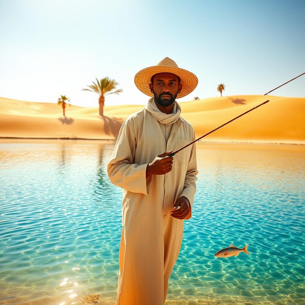 A captivating scene of a desert fisherman standing beside a shimmering oasis in a vast desert landscape