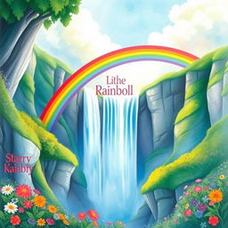 A vibrant and enchanting scene of a rainbow gracefully arching over a majestic waterfall