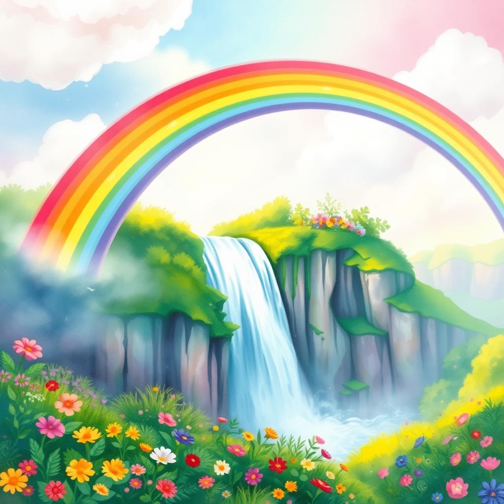 A vibrant and enchanting scene of a rainbow gracefully arching over a majestic waterfall