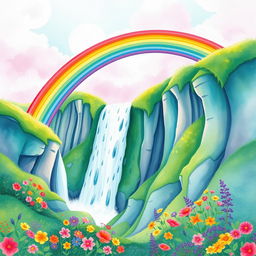 A vibrant and enchanting scene of a rainbow gracefully arching over a majestic waterfall