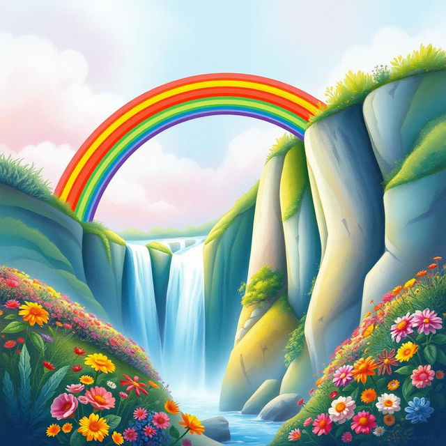 A vibrant and enchanting scene of a rainbow gracefully arching over a majestic waterfall