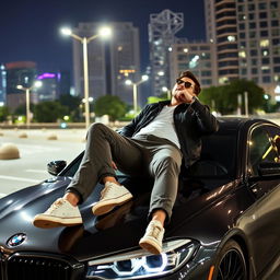 A stylish man is reclining on the hood of a sleek BMW M5 under the night sky