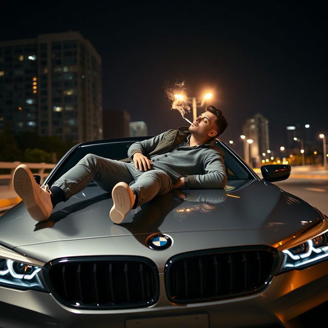 A stylish man is reclining on the hood of a sleek BMW M5 under the night sky