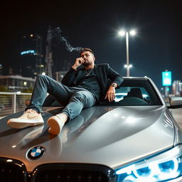 A stylish man is reclining on the hood of a sleek BMW M5 under the night sky