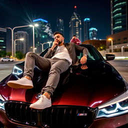 A stylish man is reclining on the hood of a sleek BMW M5 under the night sky