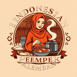 A vintage logo design featuring an Indonesian Muslim woman cooking pempek Palembang