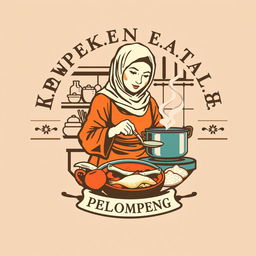 A vintage logo design featuring an Indonesian Muslim woman cooking pempek Palembang