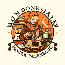 A vintage logo design featuring an Indonesian Muslim woman cooking pempek Palembang