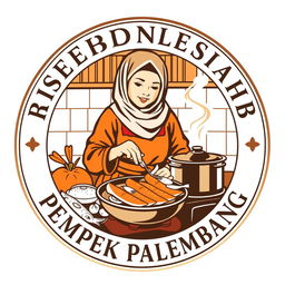 A vintage logo design featuring an Indonesian Muslim woman cooking pempek Palembang