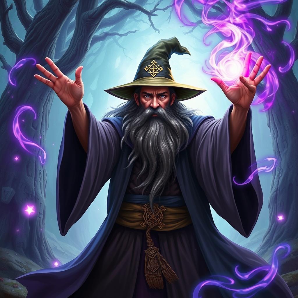 A powerful wizard casting a spell, with his long flowing robes billowing around him