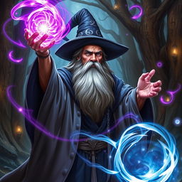A powerful wizard casting a spell, with his long flowing robes billowing around him