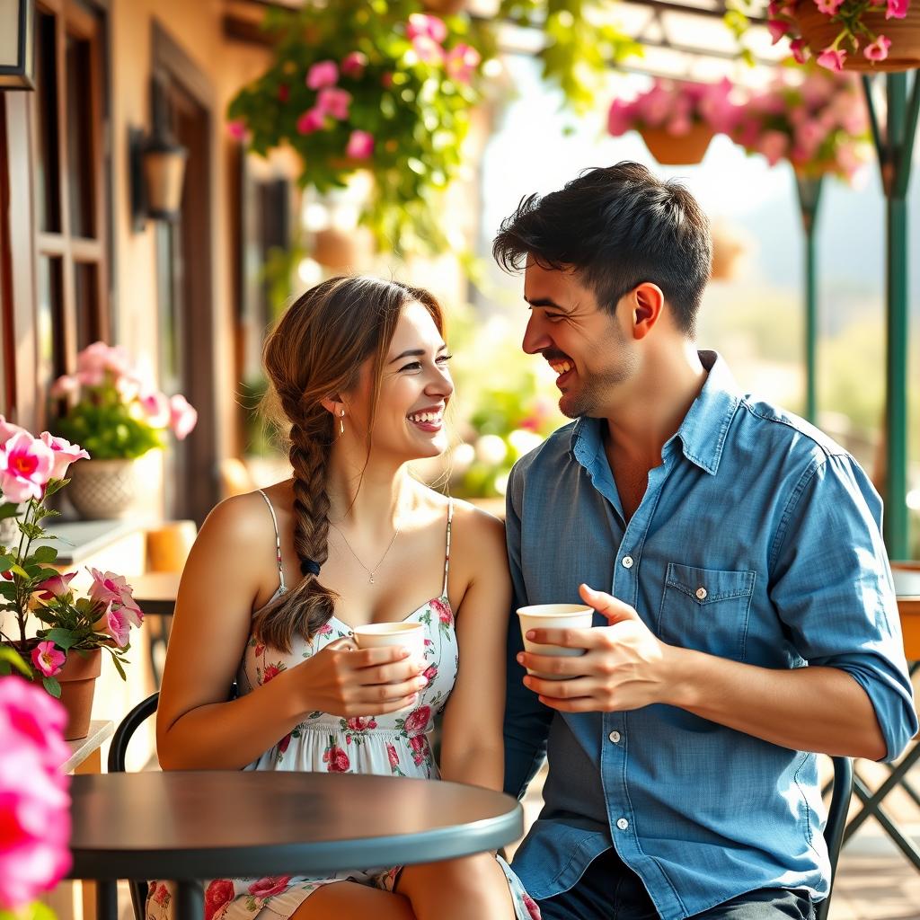 A warm and intimate scene featuring two people together, smiling and enjoying each other's company in a vibrant and cozy environment