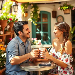 A warm and intimate scene featuring two people together, smiling and enjoying each other's company in a vibrant and cozy environment