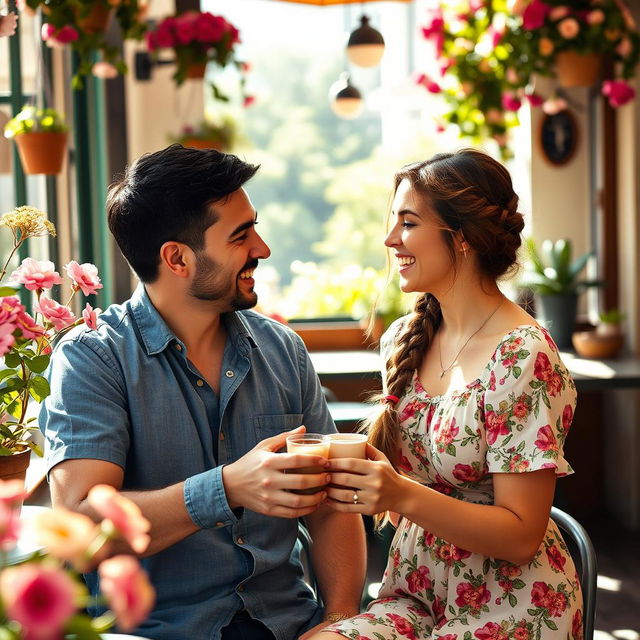 A warm and intimate scene featuring two people together, smiling and enjoying each other's company in a vibrant and cozy environment